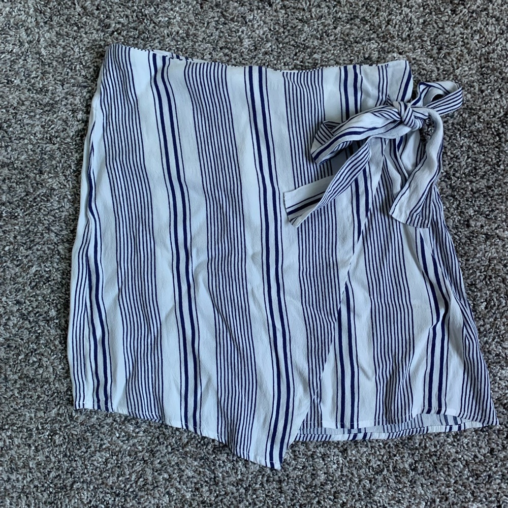 White and navy striped high waisted skirt faux wrap